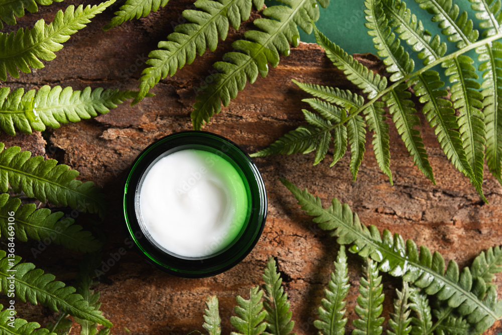 Cosmetic face cream products in open green glass jar with natural ingredients decorated fresh fern leaves and wood bark. Top view Close up.