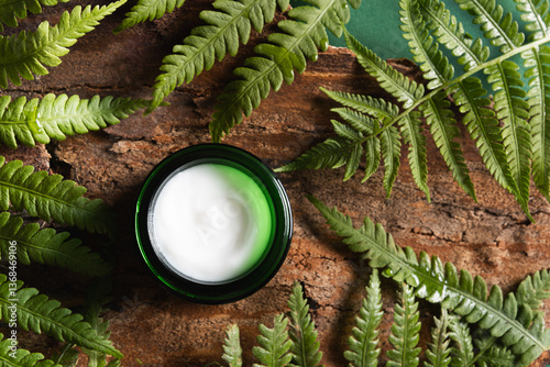 Obraz na płótnie Cosmetic face cream products in open green glass jar with natural ingredients decorated fresh fern leaves and wood bark. Top view Close up. w salonie