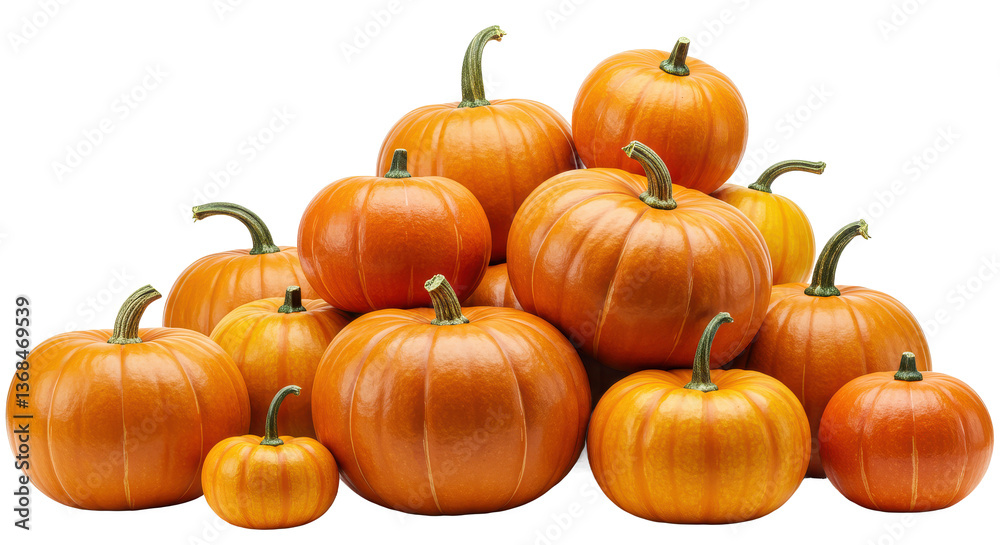 A pile of pumpkins with green stems in various sizes on a black background studio shot style view A pile of pumpkins with green stems in various sizes on a black background studio shot style view