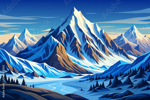 snowy mountain peaks illustration cartoon, winter landscape