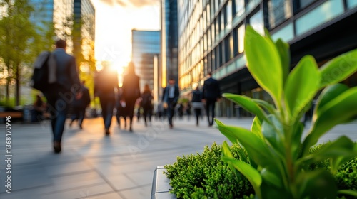 A Vibrant Green Plant in Focus Contrasts Against Blurred Business Professionals Walking in Modern City at Sunset for a Dynamic Urban Scene