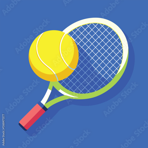 A tennis racket with a ball, isolated on a white background, representing sports and leisure activities in a vector illustration style