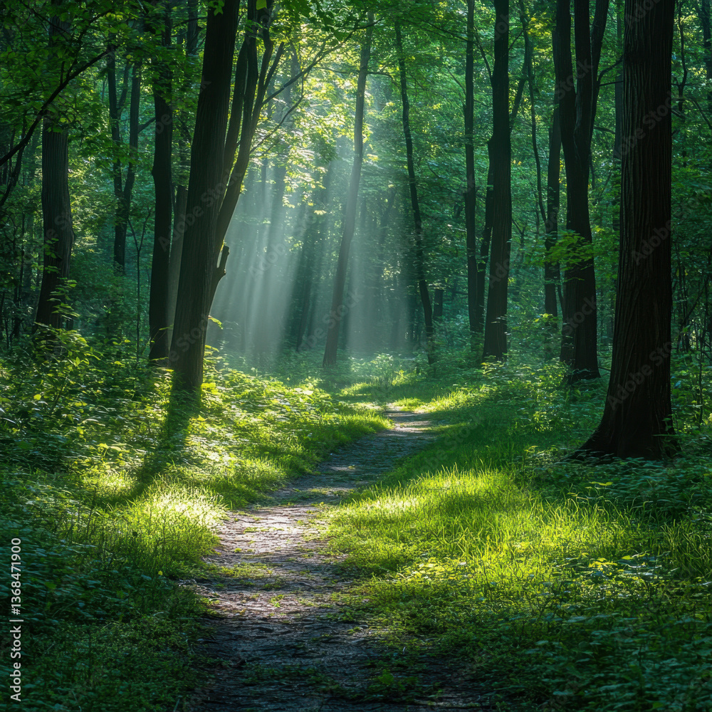 Obraz premium Sunlight streams through trees along a winding forest path.