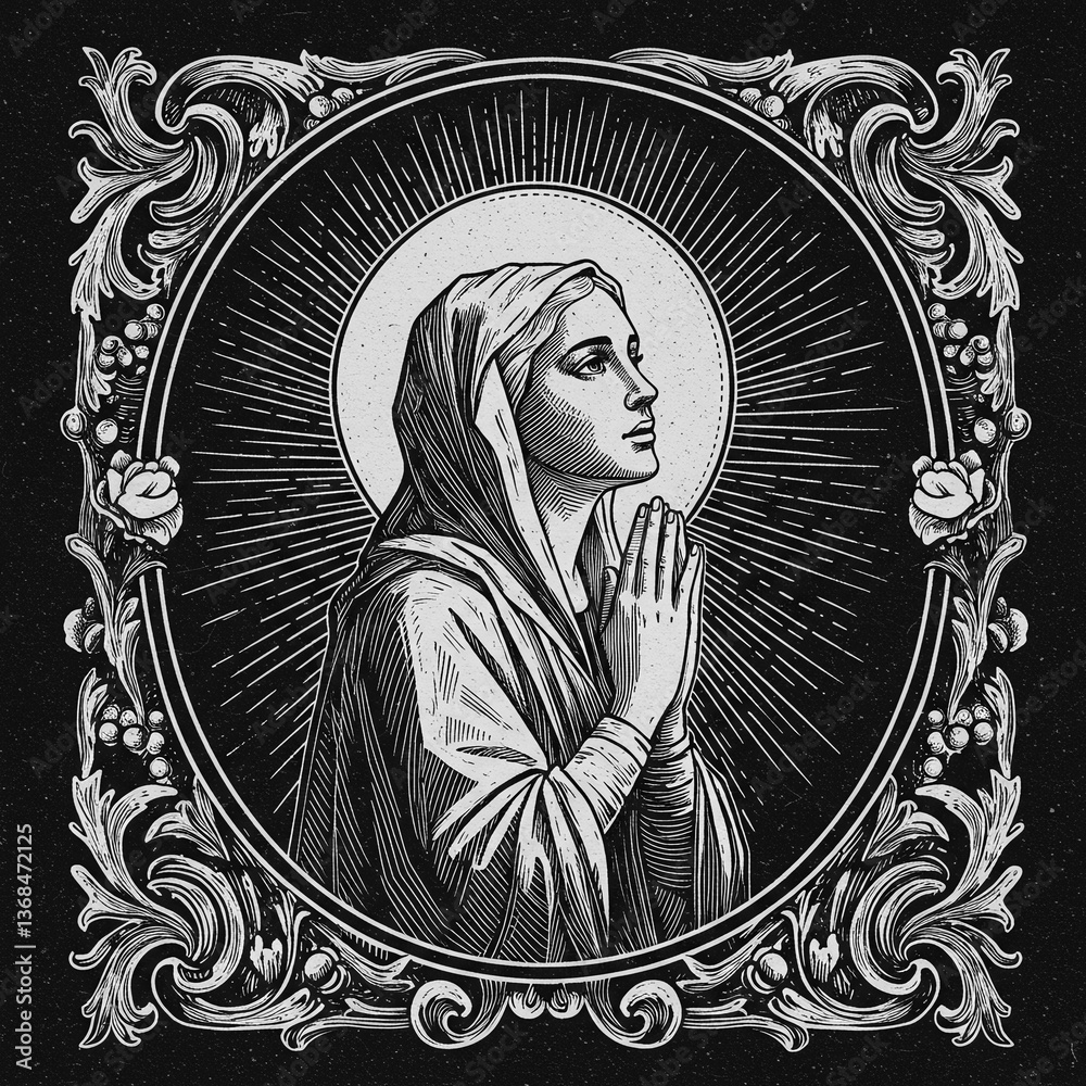 Fototapeta premium Prayer of Devotion: A black-and-white artwork showcases a reverent portrayal of a religious figure, immersed in prayer, enclosed within an ornate, historical frame. It evokes serenity, faith.
