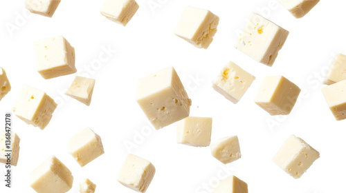 Cubes of paneer cheese floating in air, cut out transparent photo