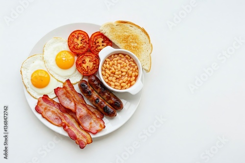 A full breakfast plate featuring fried eggs, grilled tomatoes, bacon, sausages, baked beans, and toast, against a white background.

