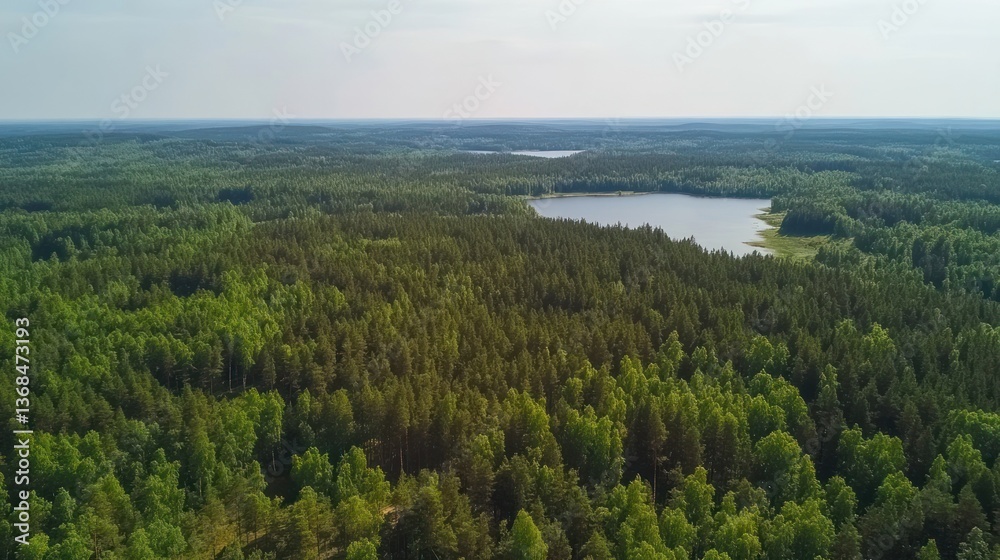 Aerial view of a vast green forest with a lake. Aerial view of a vast green forest with a lake.