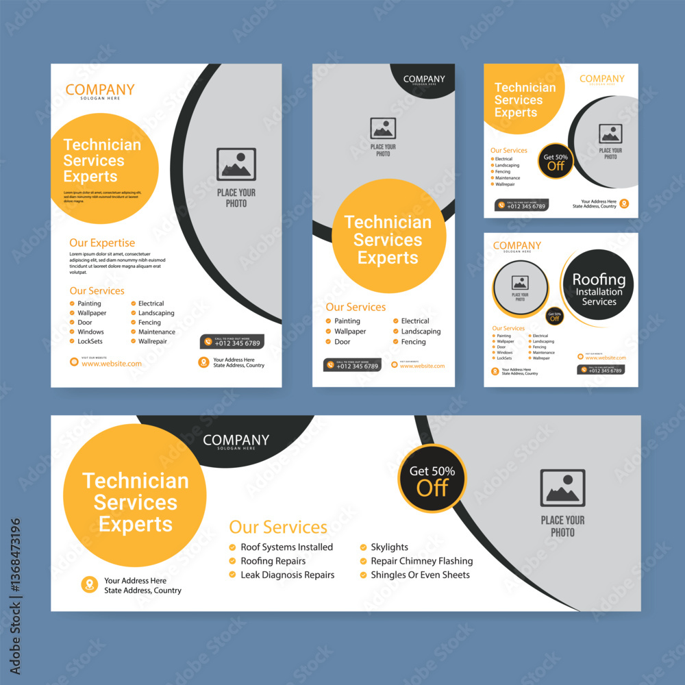 Naklejka premium technology service banner template set. Business web banner layout for cover, flyer, social media, background, poster, card.