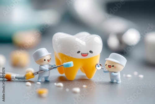 Exquisita representación de un armazón dental con personajes adorables realizando cuidados dentales en un entorno amistoso photo