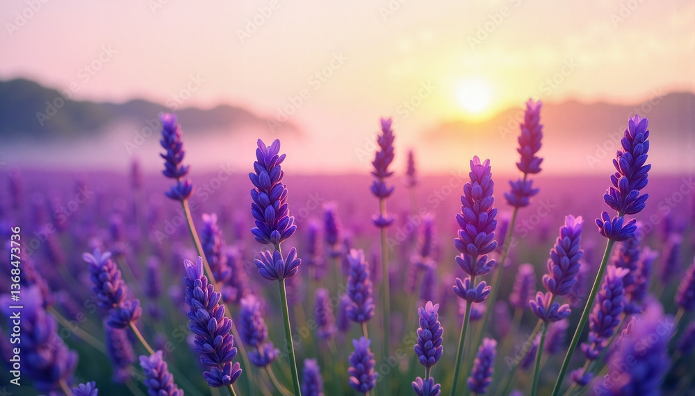 Fototapeta premium Lavender blossoms illuminated at dawn, natural beauty and tranquility