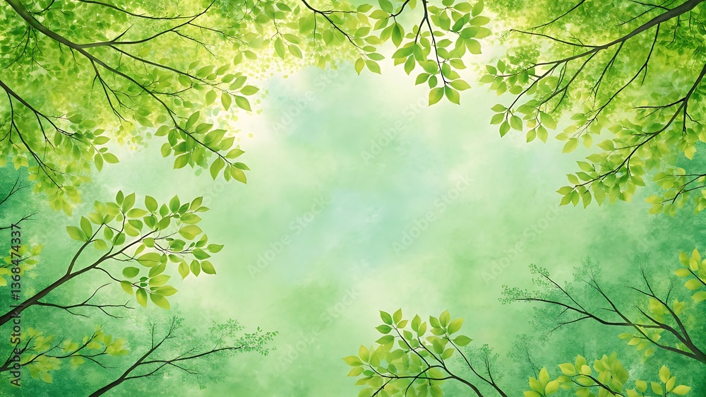 A vibrant green leaf pattern frames a summer nature illustration A vibrant green leaf pattern frames a summer nature illustration