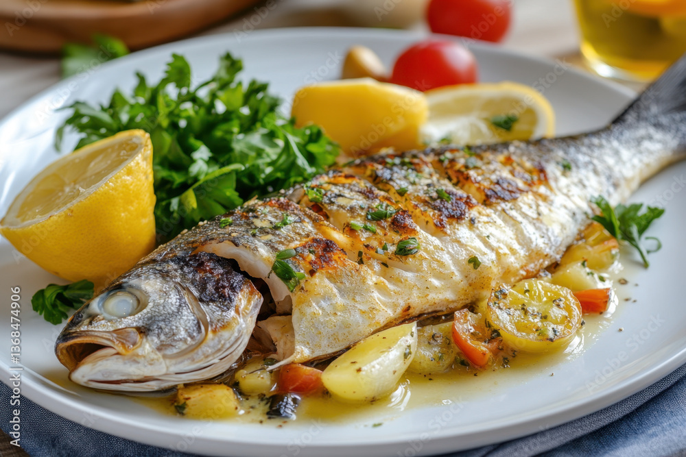 Plate of fish with lemon and tomatoes, beautifully presented on a rustic wooden table. Vibrant colors and fresh ingredients create an appetizing and healthy meal. Plate of fish with lemon and tomatoes, beautifully presented on a rustic wooden table. Vibrant colors and fresh ingredients create an appetizing and healthy meal.