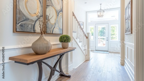 Elegant foyer design featuring console table art and natural light showcasing upscale home interior