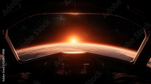 A futuristic spaceship cockpit with advanced controls.