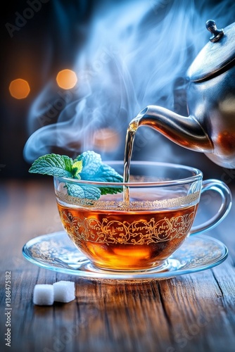 Disfrute del té árabe servido en un vaso grandioso con decoraciones doradas y menta fresca en un ambiente acogedor