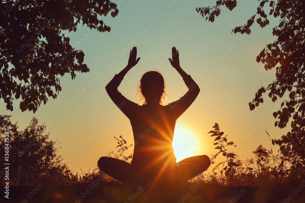 Woman meditating peacefully in the golden glow of sunset on a serene beach with calm waves gently touching the shore. Woman meditating peacefully in the golden glow of sunset on a serene beach with calm waves gently touching the shore.