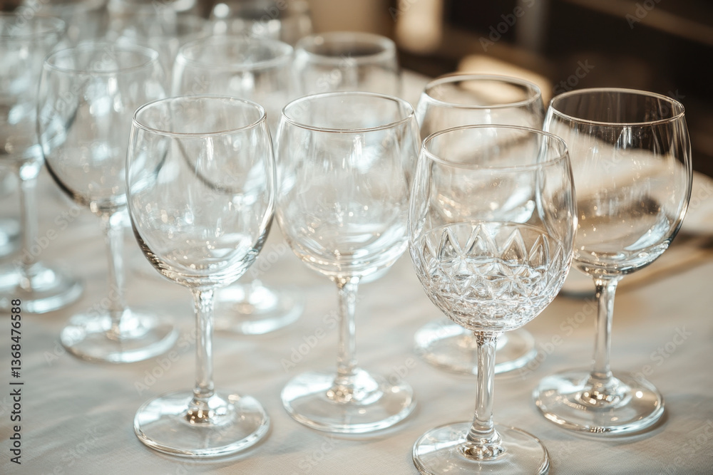 Dining table set with plates and glasses, ready for a meal. Dining table set with plates and glasses, ready for a meal.