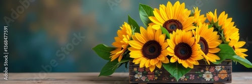 Vibrant sunflower bouquet on hand-painted wooden box, handmade, floral painting