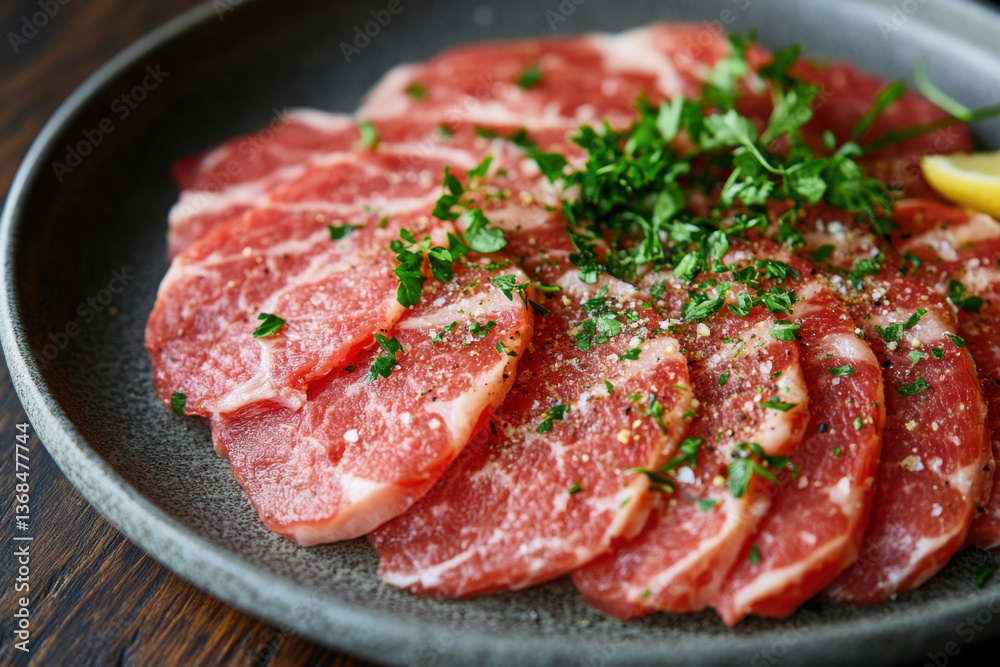 Plate of raw meat with parsley and garlic. Plate of raw meat with parsley and garlic.