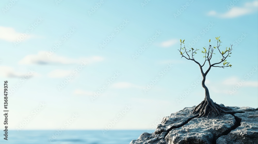Resilient tree growing on rocky cliff by ocean Resilient tree growing on rocky cliff by ocean