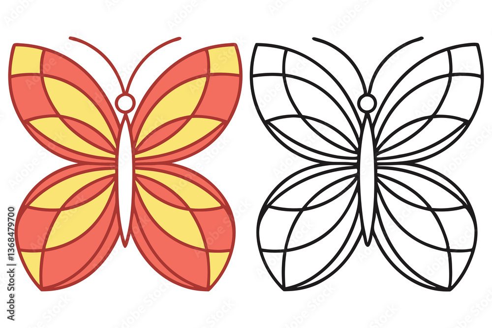Obraz premium Two butterfly outlines one in yellow and red colors isolated on transparent background