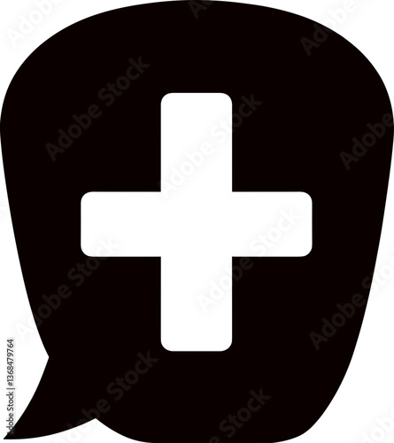 Black speech bubble with white plus symbol  