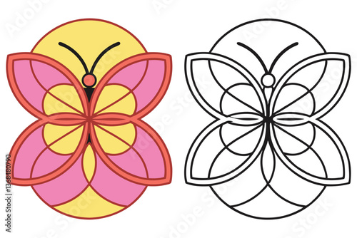 Butterfly Color and Outline Version Design on White Background