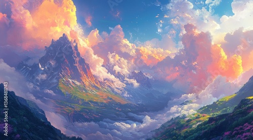 Majestic Mountain Peak Surrounded by Clouds with Golden Sunset Light Scenery