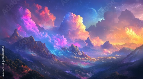 Fantasy Mountain Landscape with Colorful Clouds and Moonlit Night Sky