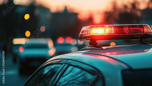 A flashing siren sits atop a police car, emitting bright red and blue lights, chasing criminal, law enforcement photo