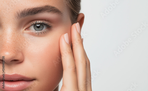 Extreme close-up of a woman's face highlighting her eye, smooth skin, and well-groomed eyebrow.
