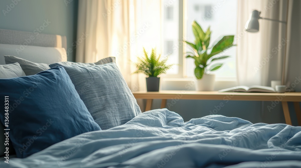 Fototapeta premium Serene bedroom scene featuring soft blue bedding and plants, capturing a cozy, natural light and restful atmosphere