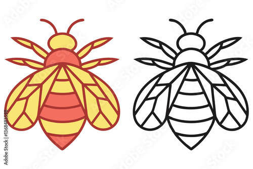 Bee Insect Drawing Color and Black Line Version Isolated on White Background