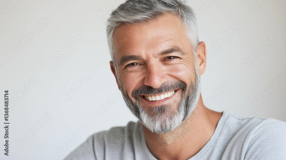 Smiling mature man with gray hair and beard wearing a light gray shirt, looking confidently at the camera.
Smiling mature man with gray hair and beard wearing a light gray shirt, looking confidently at the camera.