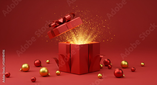 Open Red Gift Box with Golden Sparkles on Red Background with Christmas Ornaments