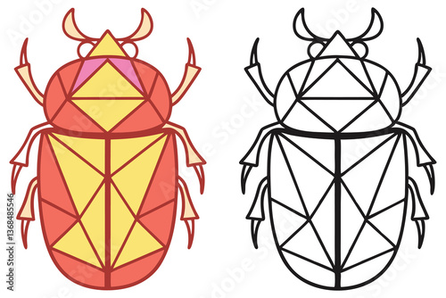Geometric Scarab Beetles Colored and Black Outline Versions, Insect Icon Set