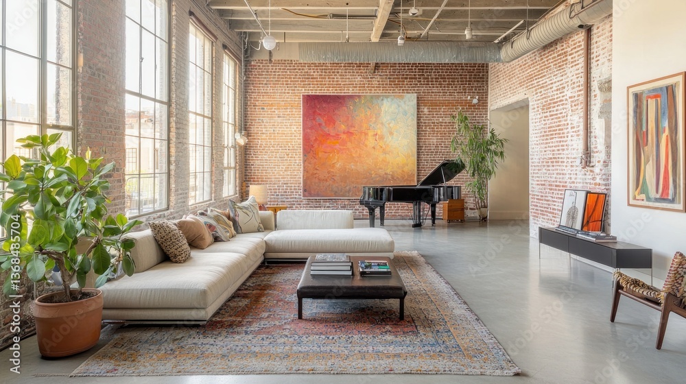 Fototapeta premium Bright and Airy Living Room with Exposed Brick Wall Piano Colorful Artwork and Modern Furniture