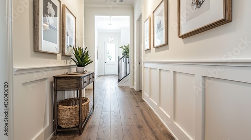 Inviting home interior design features stylish entryway modern decor and abundant natural light creating cozy atmosphere