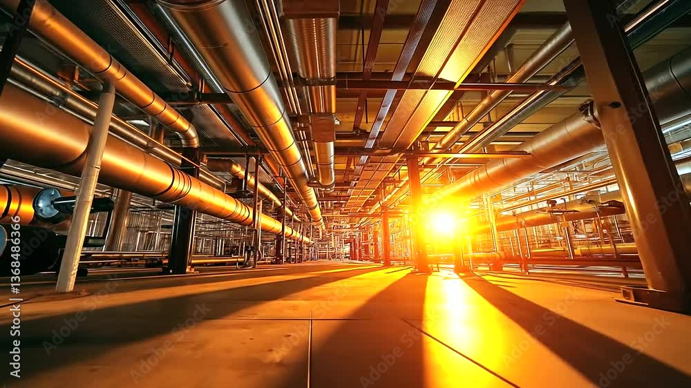 An expansive district heating plant filled with an array of insulated pipes running across the ceiling and floor, with pressure gauges and control panels strategically placed for m
