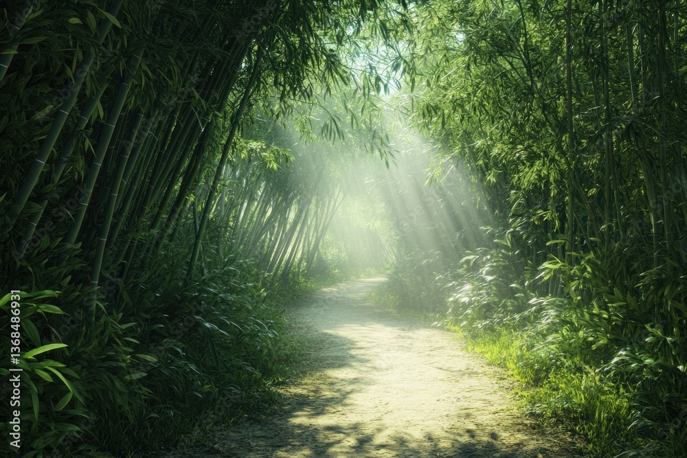 Obraz premium Tranquil bamboo path illuminated by soft sunlight in a lush green forest setting