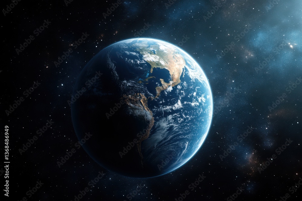 Obraz premium Blue planet set against a backdrop of stars and galaxies in deep space