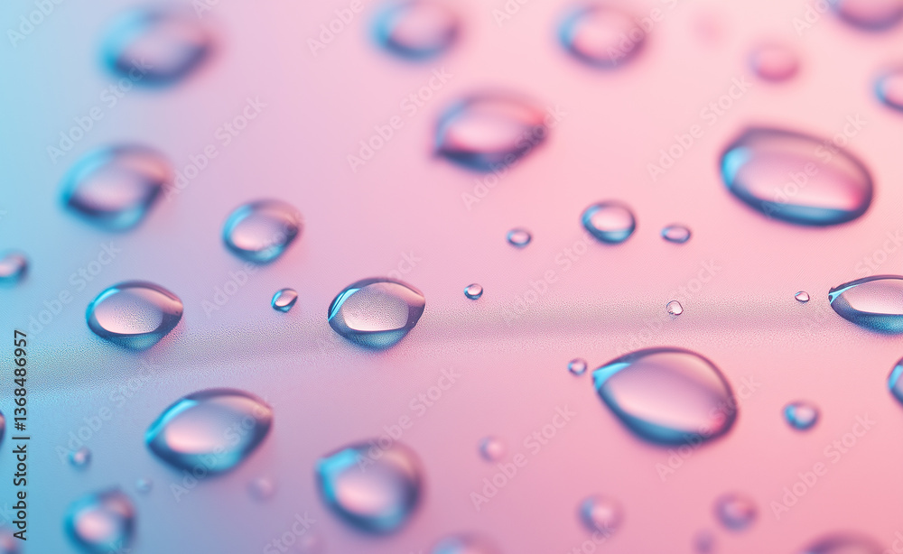 Water droplets on a smooth surface with a pink and blue gradient background.
