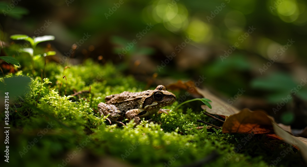 Brown Frog Sitting on Green Moss in Forest Environment Wildlife Brown Frog Sitting on Green Moss in Forest Environment Wildlife