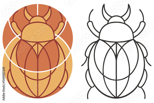Scarab Beetle Icon Illustration, Golden with Outline Version on White