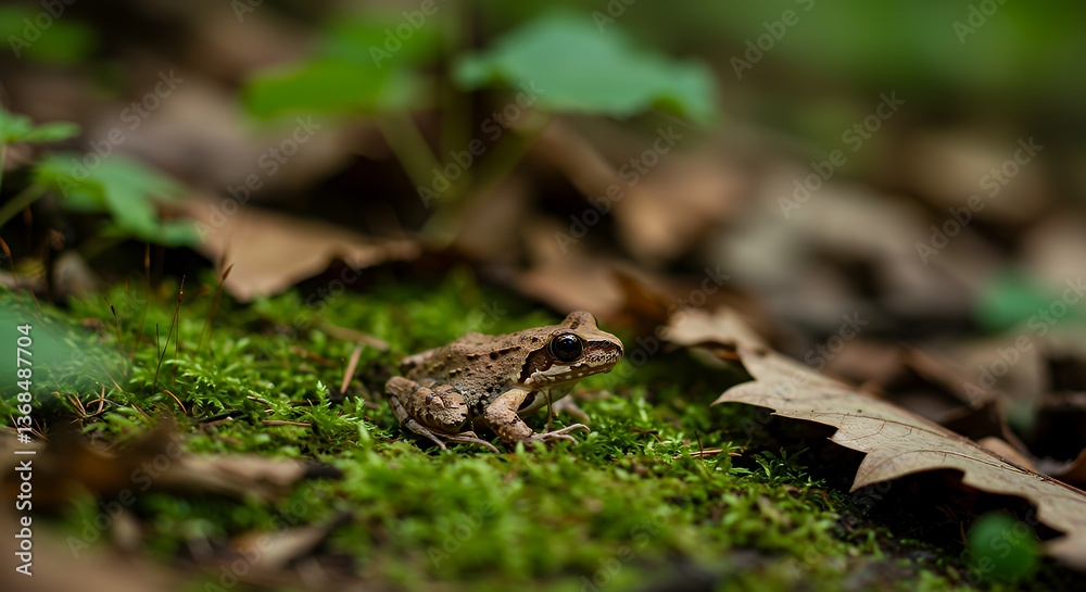 Small Frog Sitting on Moss in Forest with Fallen Leaves Around Small Frog Sitting on Moss in Forest with Fallen Leaves Around