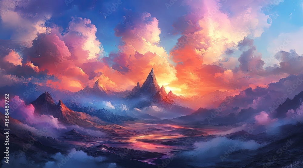 Majestic Mountain Peaks and Cloudy Sky Landscape at Colorful Sunset Majestic Mountain Peaks and Cloudy Sky Landscape at Colorful Sunset
