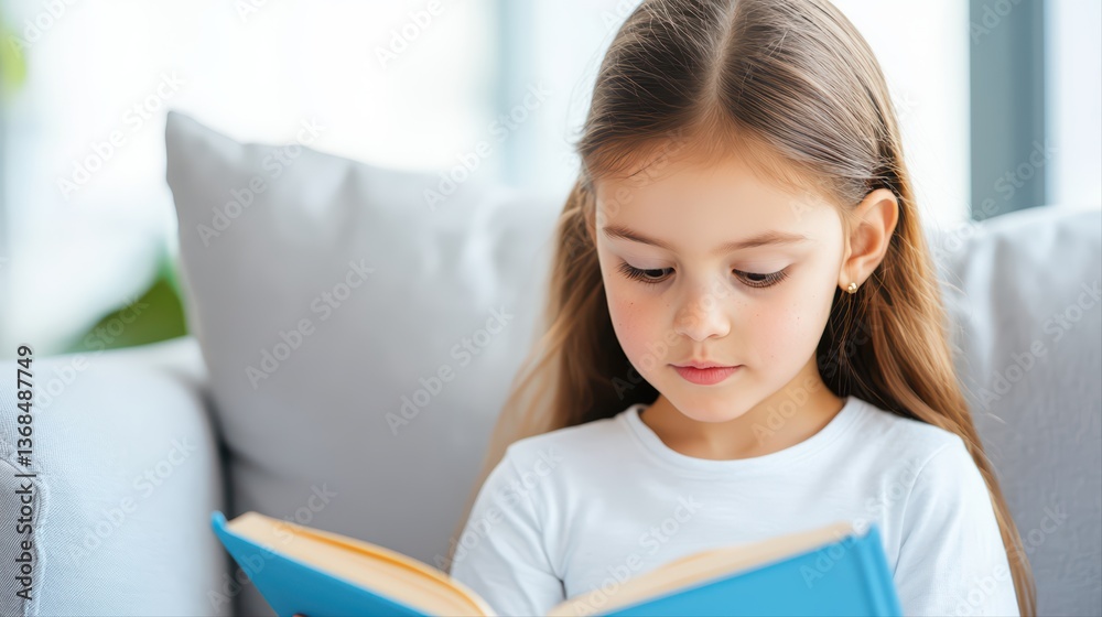 Young girl reading a book in cozy living room Young girl reading a book in cozy living room