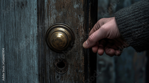 hand reaches for vintage brass doorknob on weathered wooden door, evoking sense of curiosity and anticipation. aged texture of door adds character to scene