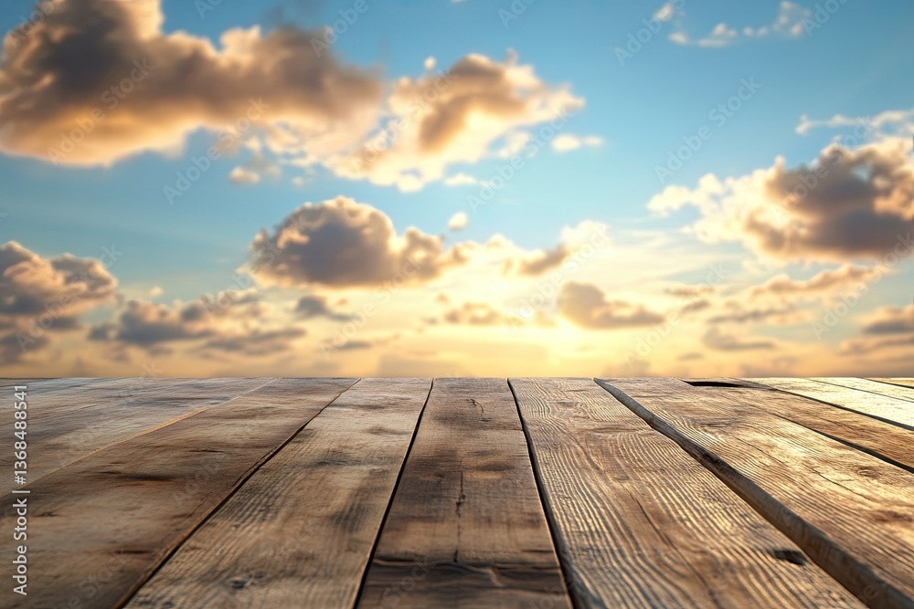 Wooden Table with Sky Background Featuring Clouds at Sunset or Sunrise Wooden Table with Sky Background Featuring Clouds at Sunset or Sunrise