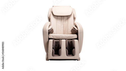 A front view of an isolated beige massage chair with a black background in a studio shot